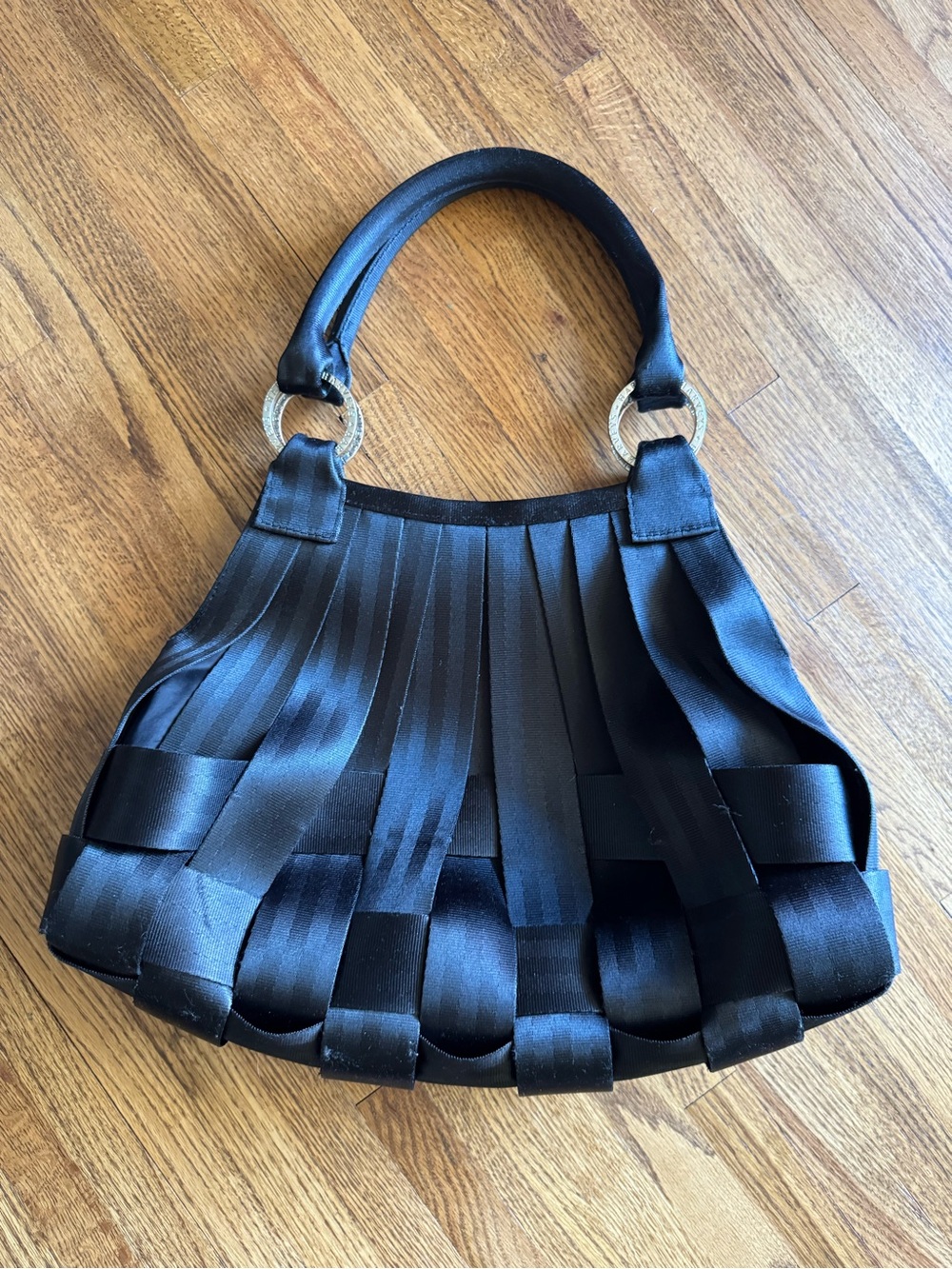 Harveys Stella Black Woven Seatbelt Hobo Purse Bag with Ring Accents